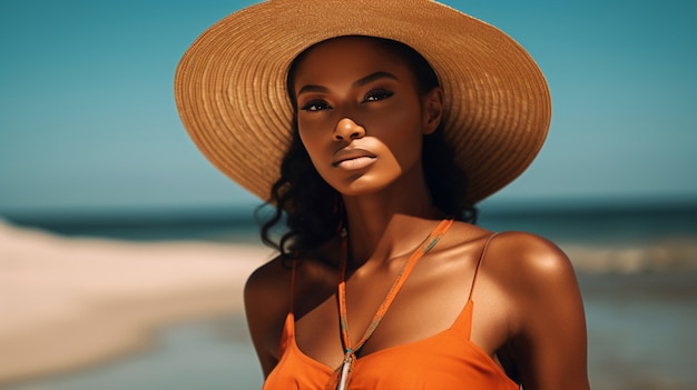 Black woman wearing a straw hat and orange summer outfit